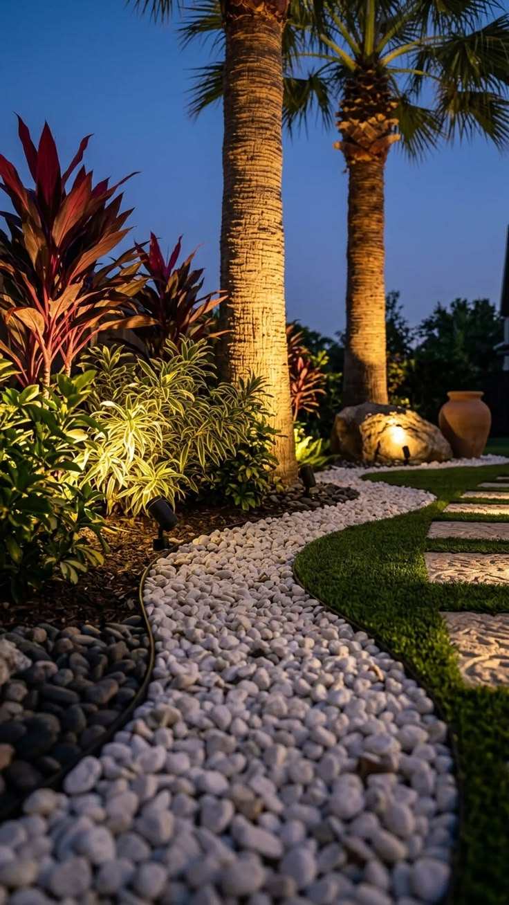 Zen-style night garden path with warm uplit palms, red cordyline, low spotlights and a wide white pebble border.