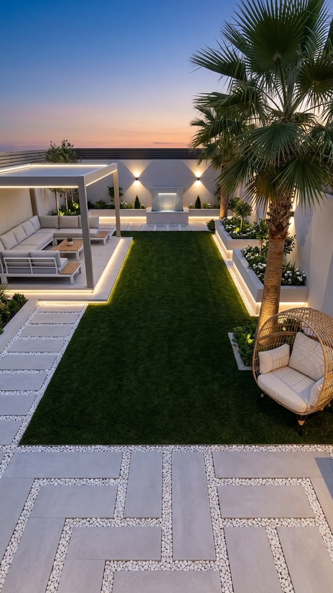 Aerial view of a modern courtyard at dusk with central lawn, white planters with concealed LED glow, a lit water blade and basketweave paver-and-pebble paving.