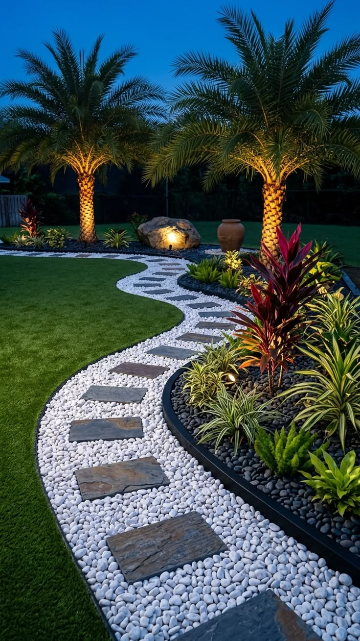 Modern luxury night patio with uplit palms, a winding paver-and-pebble path, planted bed with cordylines and a terracotta urn.