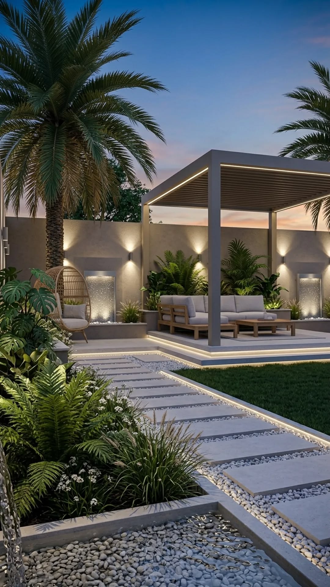 Modern courtyard with a flat grey pergola, two lit water walls, palms and a long stepping-stone path with pebble joints at twilight.
