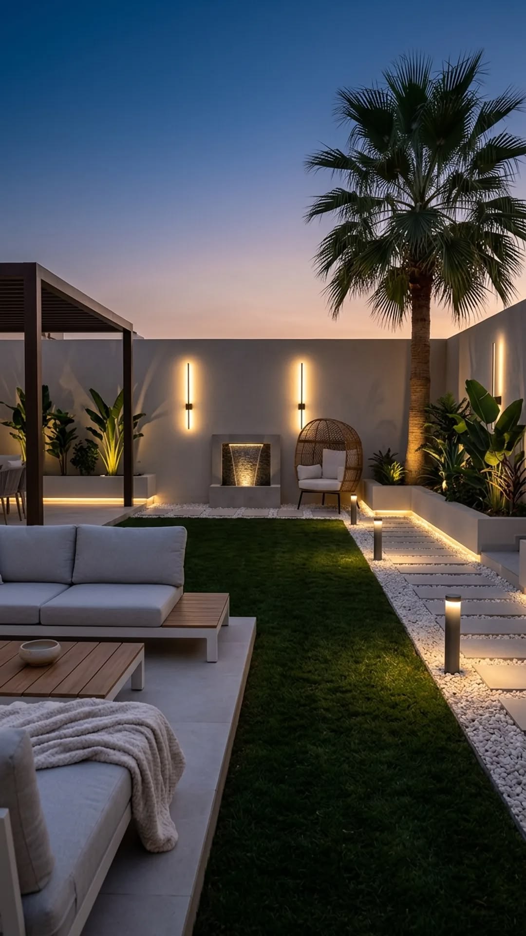 Modern courtyard lounge at dusk with linear wall sconces, a small lit water feature, palm tree and a paver-and-pebble path lit by low bollard lights.