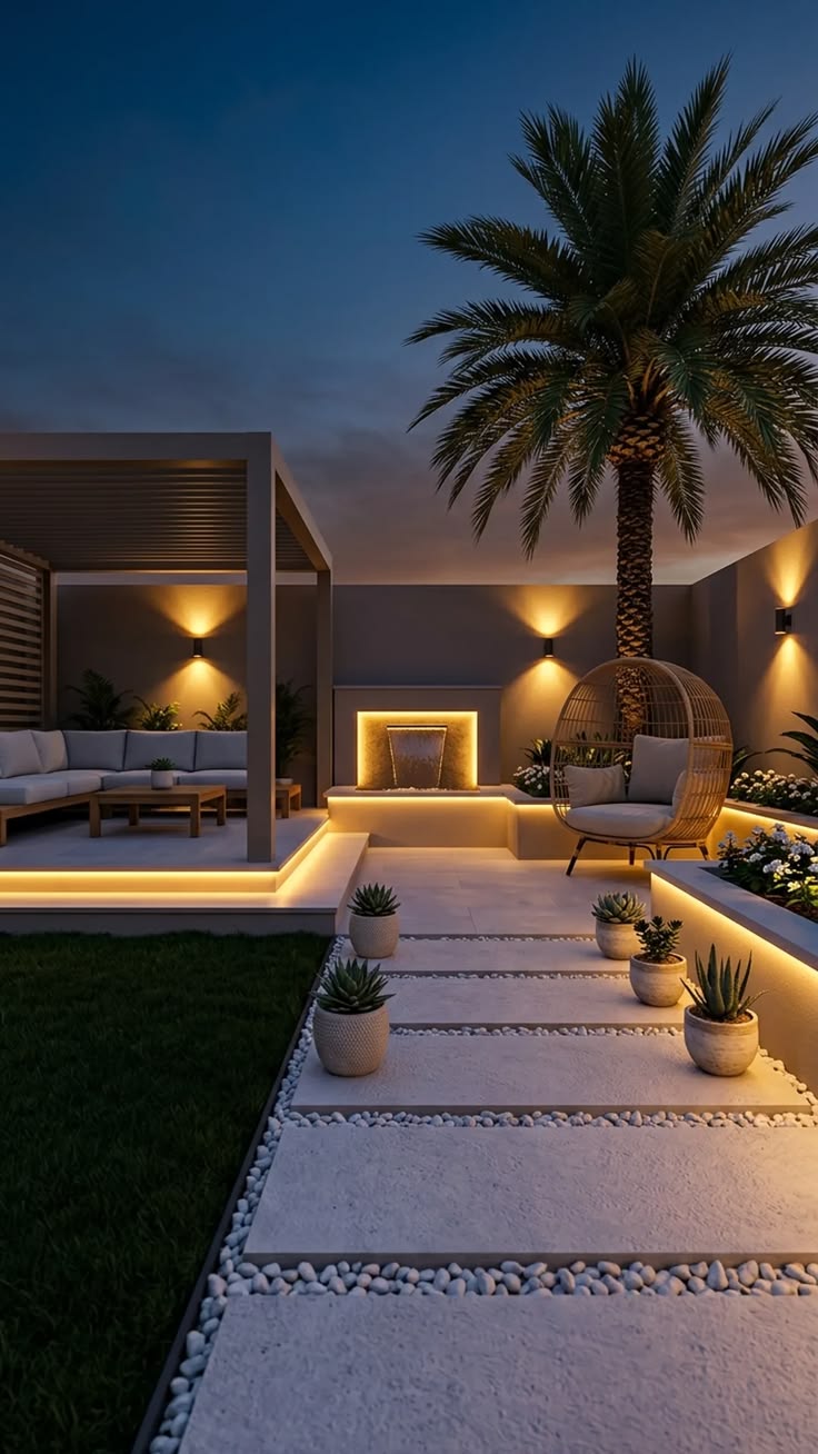A modern courtyard at dusk with a pergola lounge, palm tree, lit water feature and pebble-edged stepping-stone path.