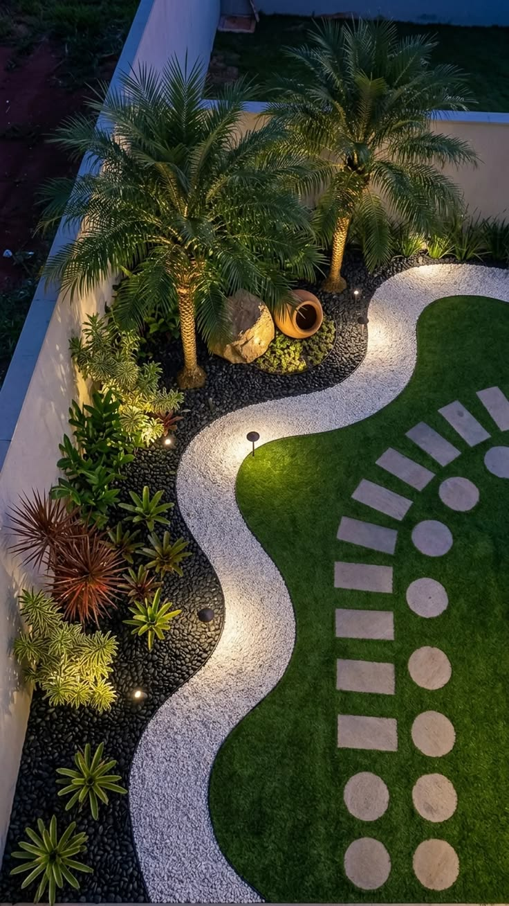 Aerial view of a tropical-style night garden with uplit palms, a curving white pebble path and patterned stepping stones on lawn.