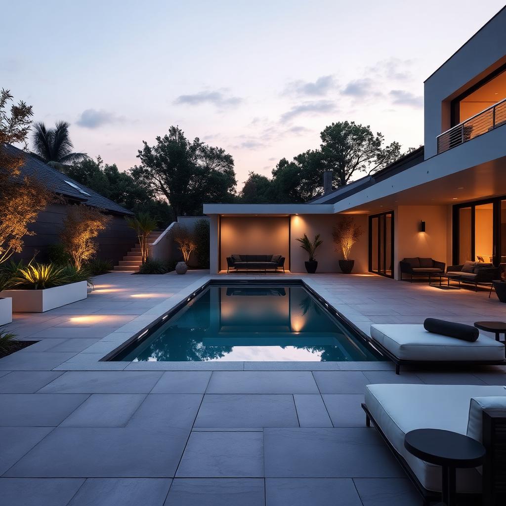 Modern minimalist backyard at dusk with a linear pool, large-format concrete pavers, warm uplighting and low architectural planters.