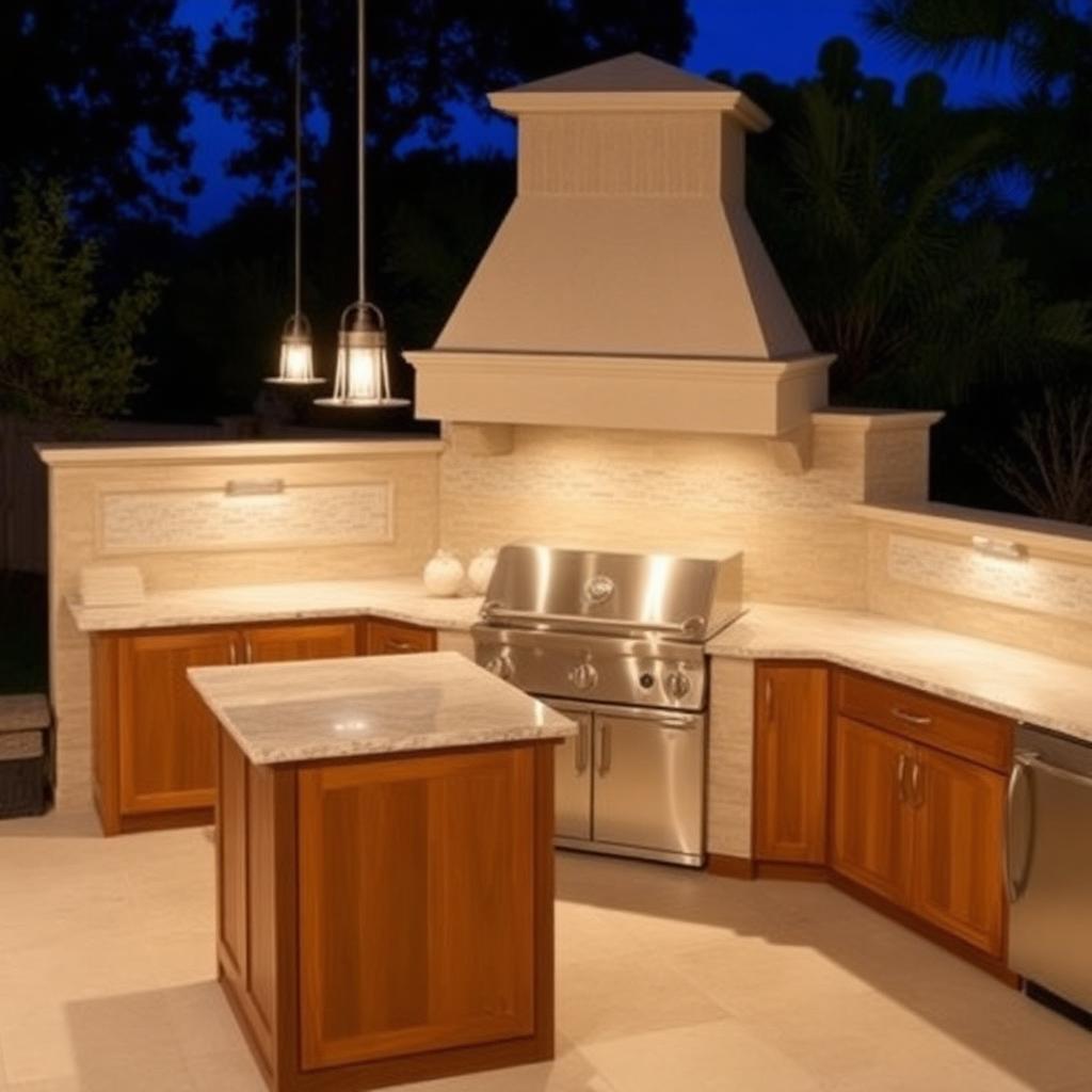 Luxury outdoor kitchen with built-in stone grill, teak cabinets, marble counter and pendant lights in evening ambience.