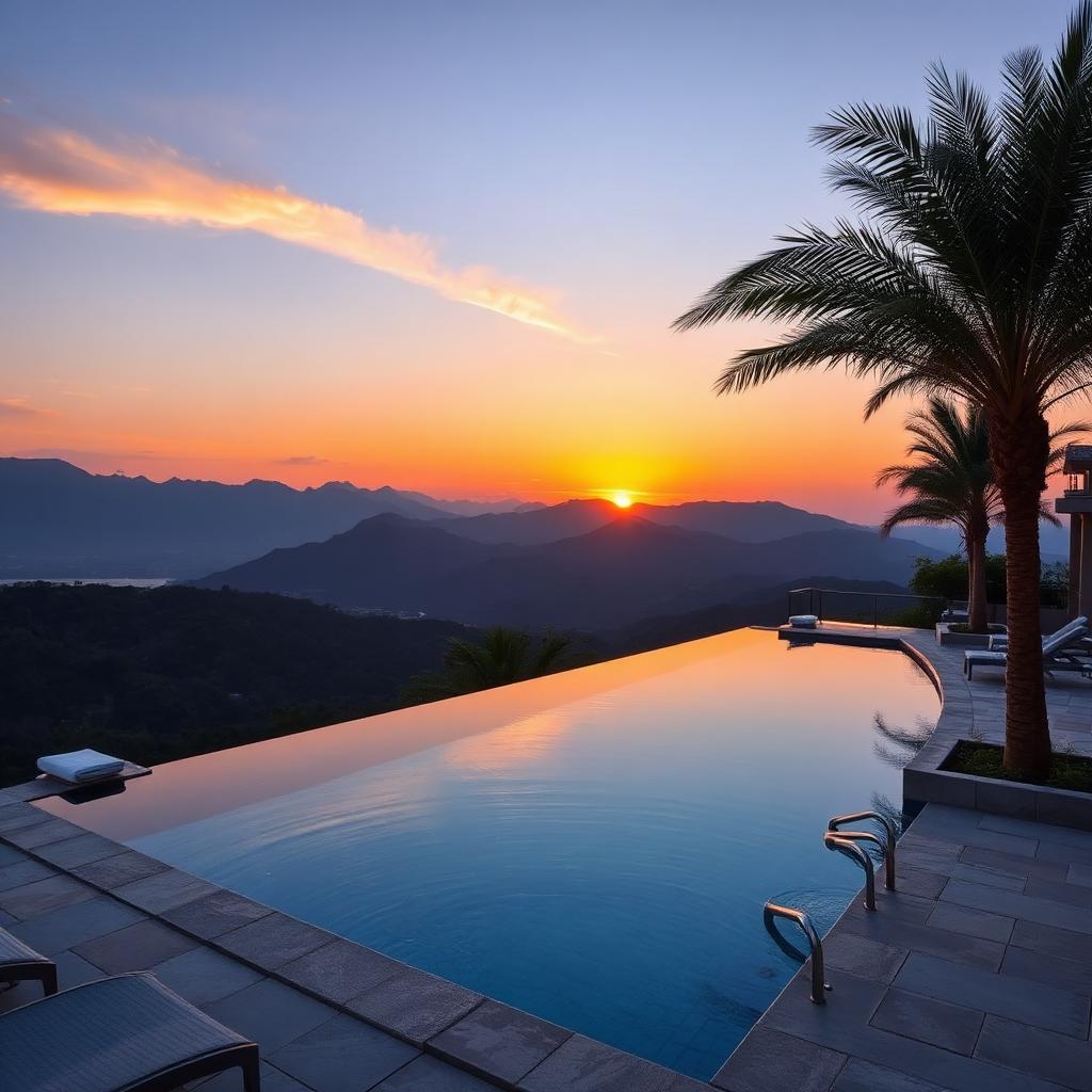 Modern infinity pool overlooking mountains at sunset with stone deck and sun loungers.