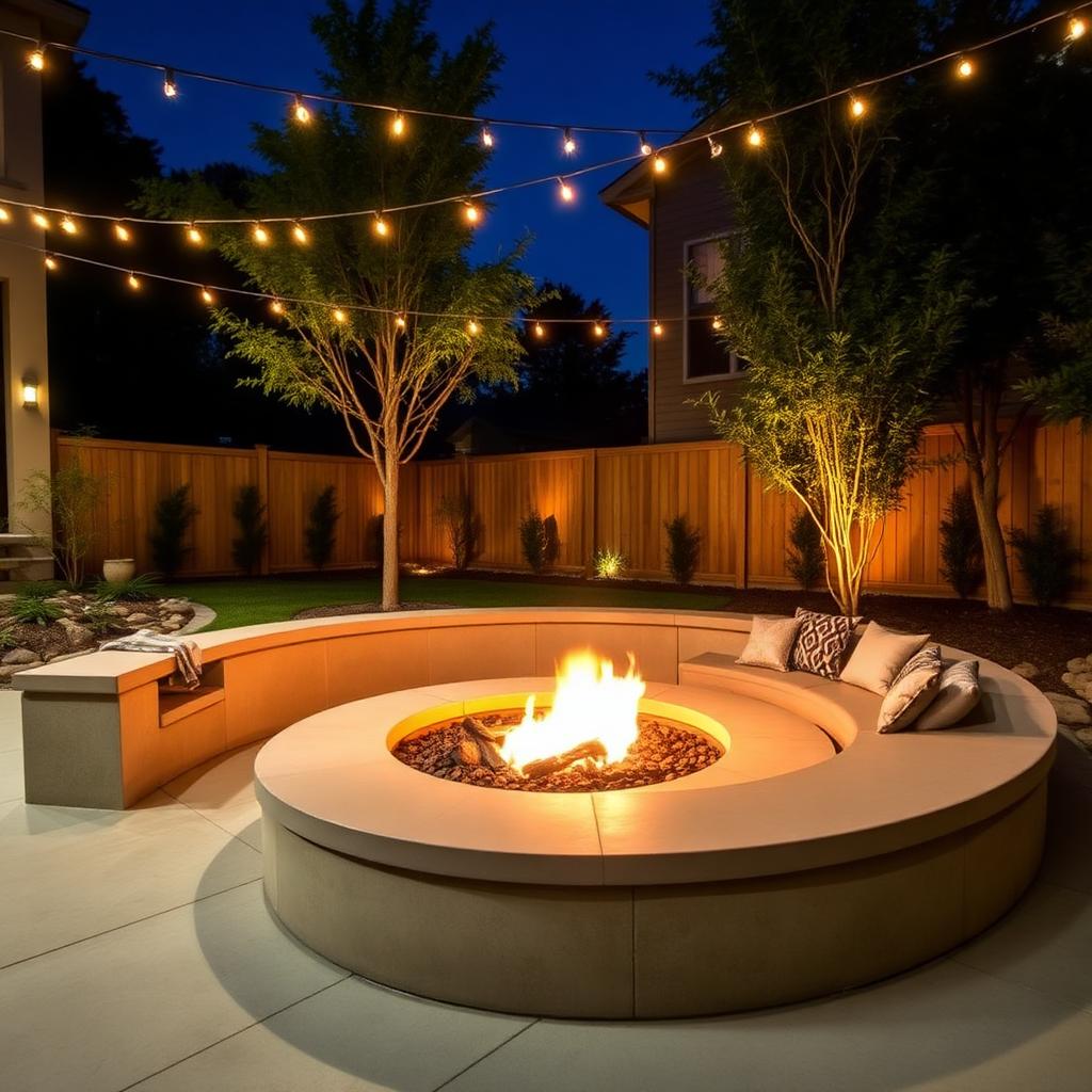 Sunken fire pit lounge with curved concrete bench, cushions, glowing flames and string lights overhead at night.