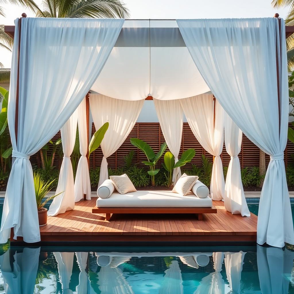 Luxury poolside cabana with white curtains, wooden slats, tropical plants and a daybed by a still pool.