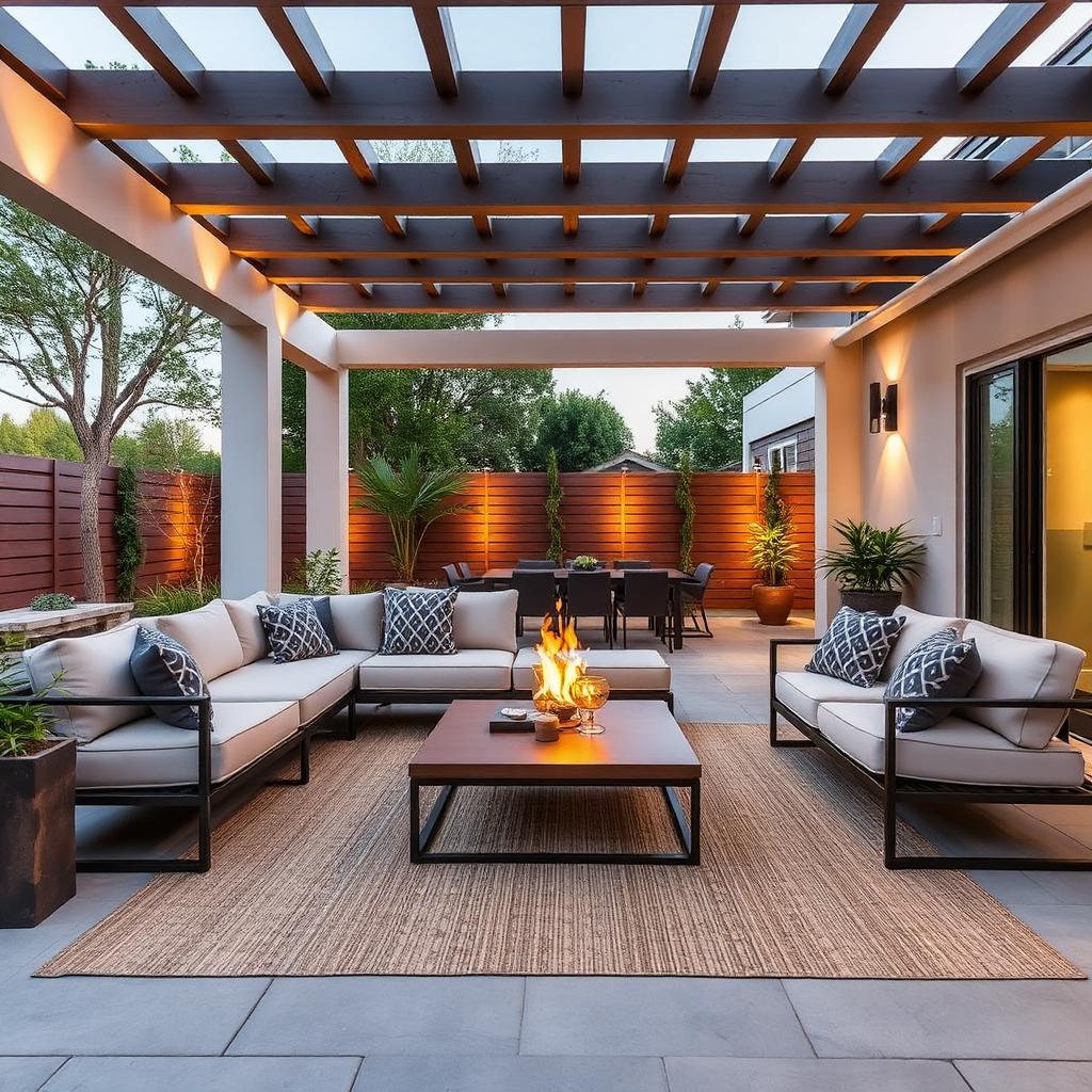 Modern outdoor living room under a wooden pergola with sectional sofa, low coffee table, outdoor rug and warm lighting.
