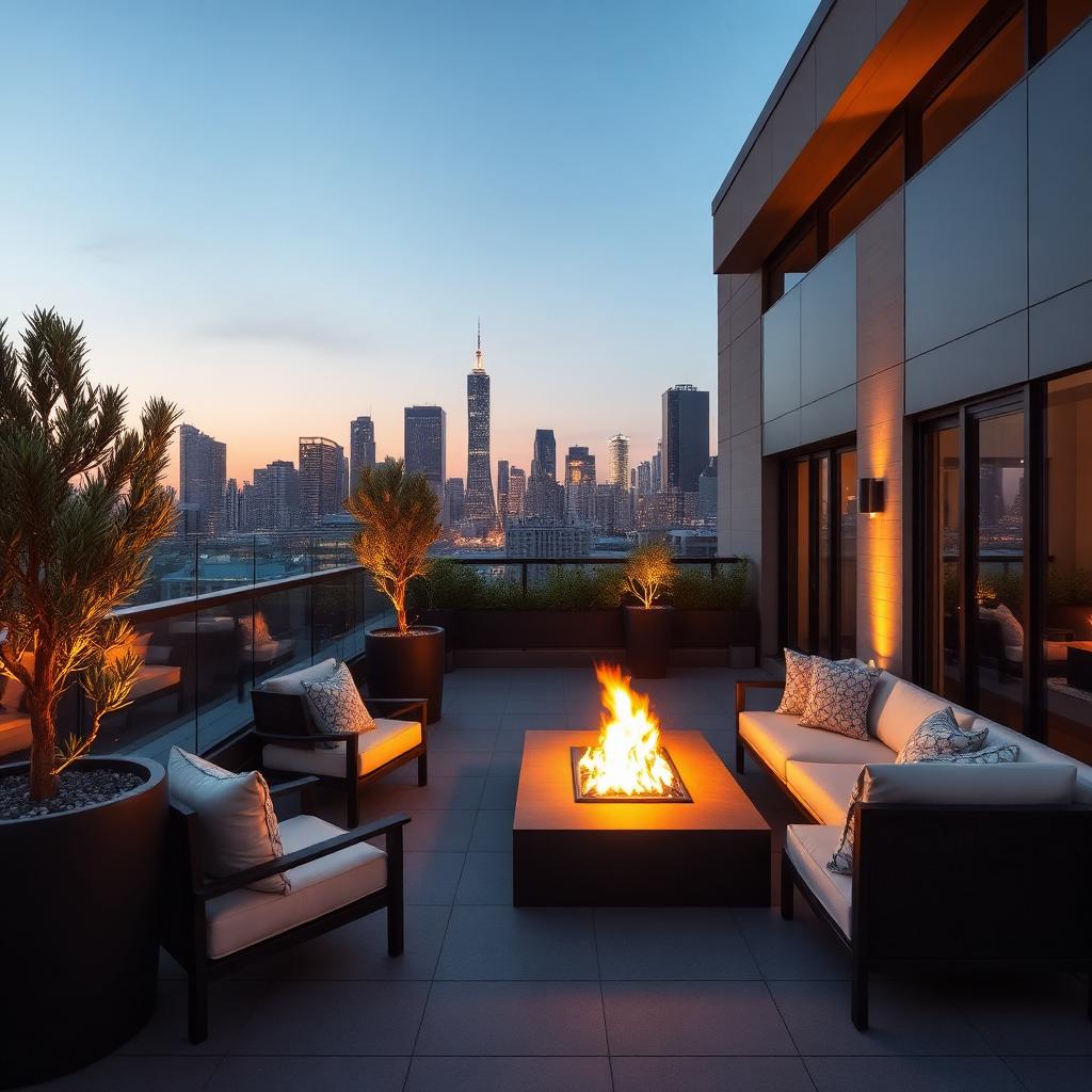 Luxury rooftop terrace at dusk with modern furniture, olive trees in planters, fire table and city skyline behind.