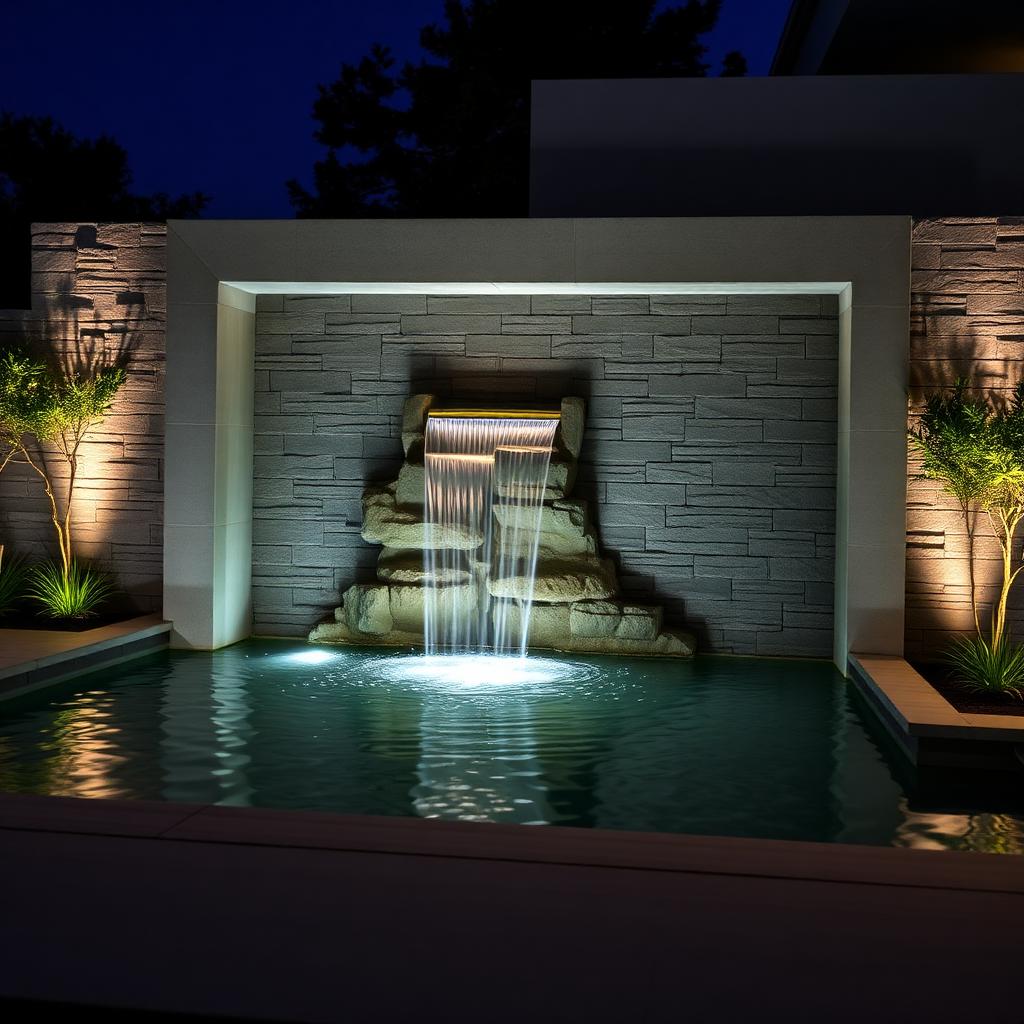 Modern architectural water feature with geometric stone wall, sheet waterfall and uplit night ambience.