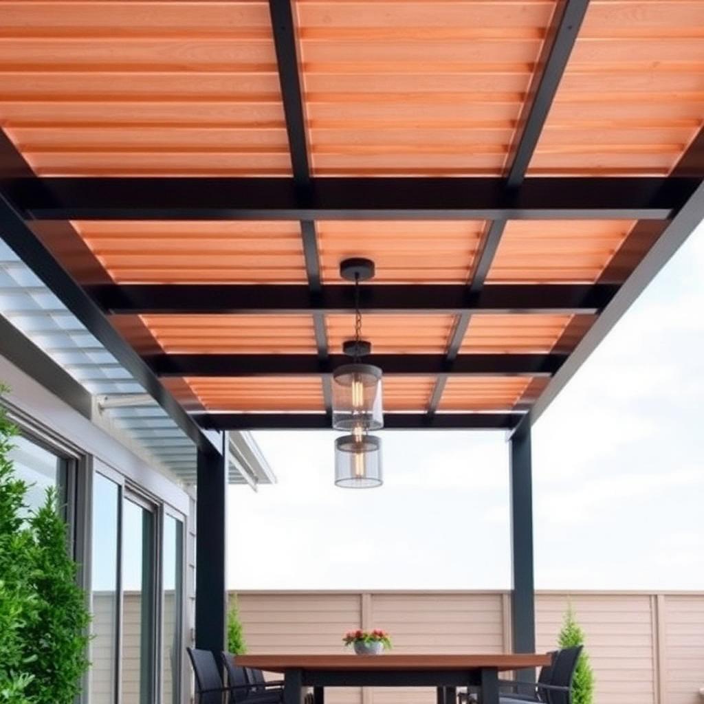 Luxury modern pergola with black steel frame, timber slats and hanging pendant lights above a dining area.