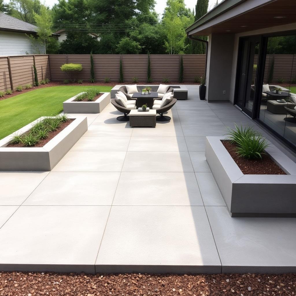 Modern concrete patio with large format slabs, integrated planters and low-profile furniture in a minimalist landscape.