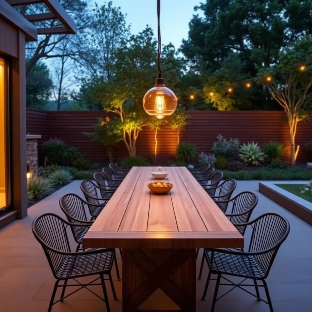 Modern outdoor dining area with long wooden table, black wire chairs, pendant lights and garden backdrop at evening.