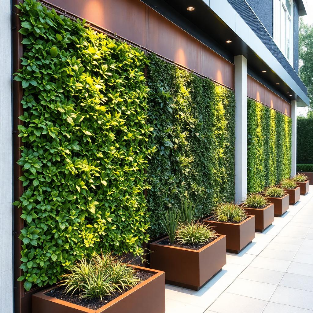 Modern garden wall with vertical greenery, corten steel panels, integrated lighting and geometric planters.