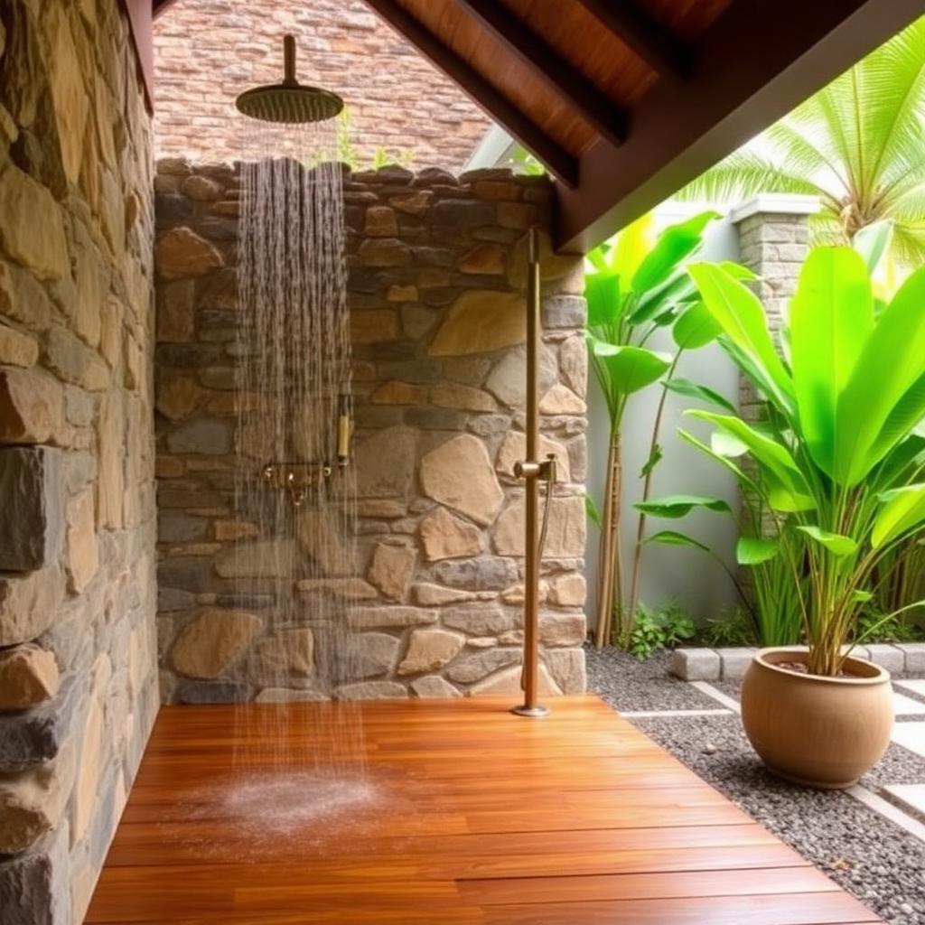 Luxury outdoor shower with stone wall, rainfall showerhead, teak floor and tropical plants in a resort ambience.