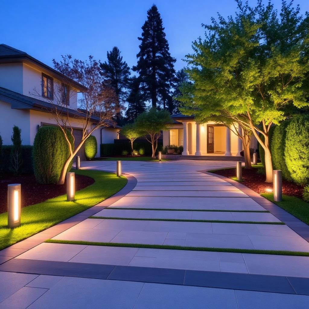 Modern driveway with pale pavers, mondo grass strips, architectural lighting bollards and sculptural trees at dusk.