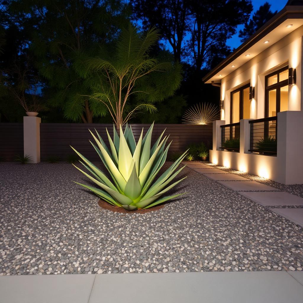 Luxury modern front yard with sculptural agave, gravel bed, low horizontal fence and warm uplit facade at dusk.