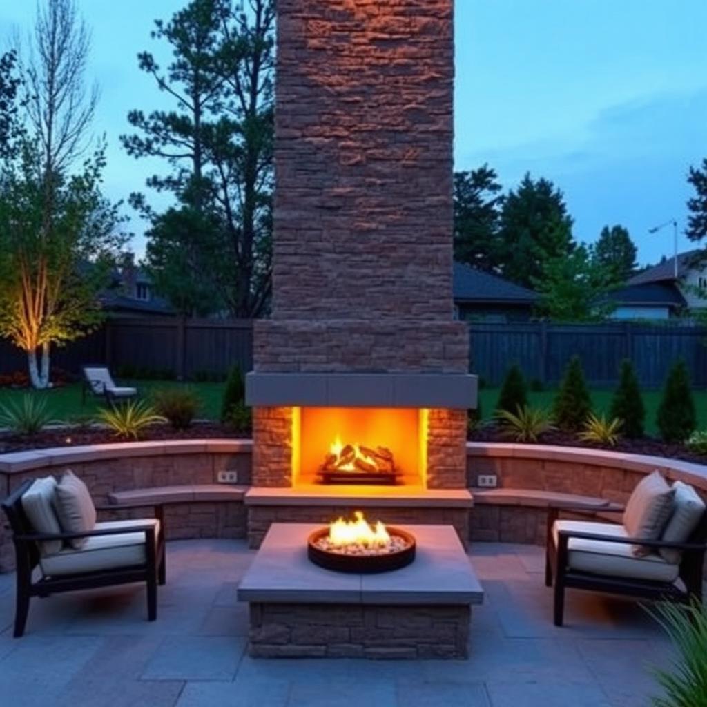 Modern outdoor fireplace with tall stone chimney, comfortable seating around, mood lighting and evening backyard.