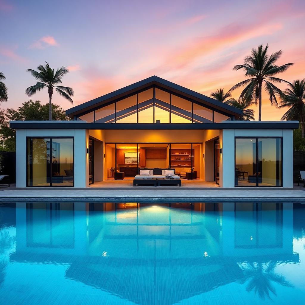 Luxury pool house cabana with glass walls, modern architecture and pool in foreground at sunset.