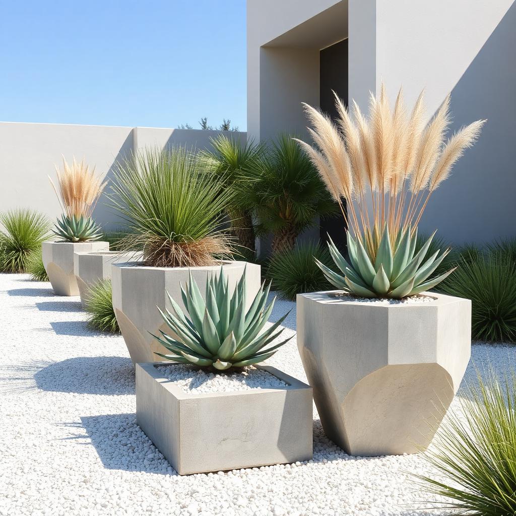 Modern sculptural concrete planters with structural agave and grasses on white gravel in an architectural landscape.