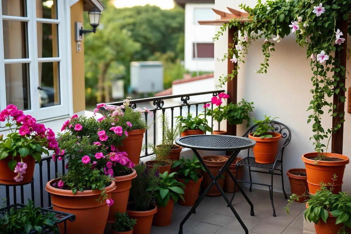 A small balcony garden with flowering pots, herbs, climbing jasmine and a bistro table set for two.