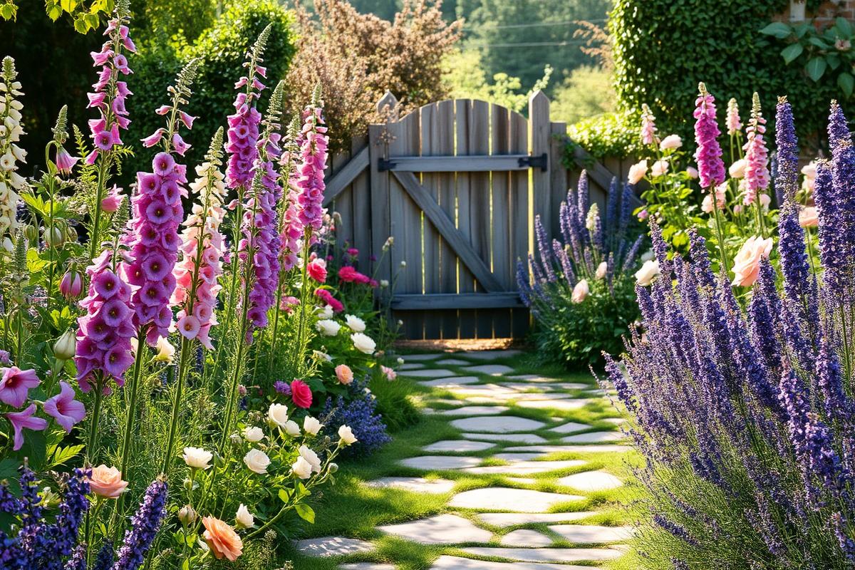 A cottage garden border with foxgloves, roses, lavender and delphiniums along a flagstone path leading to a wooden gate.
