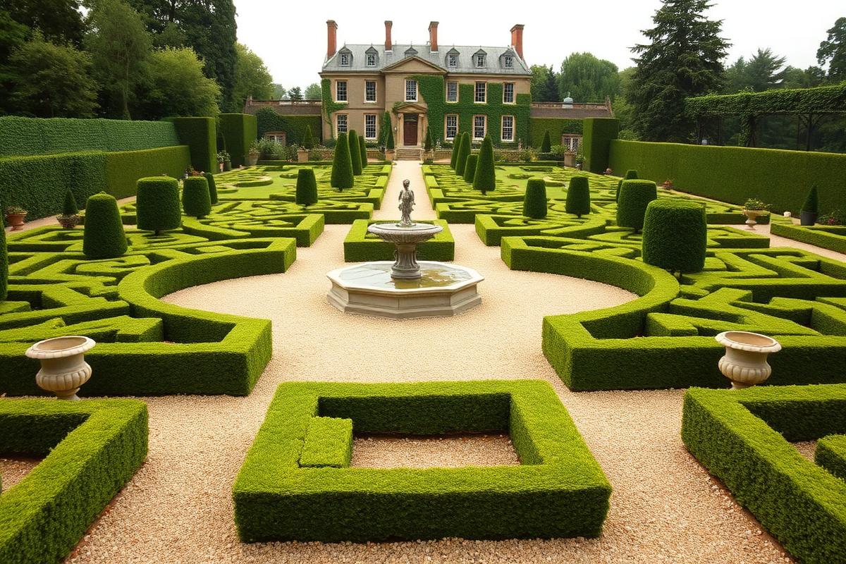 A classical garden with neatly trimmed parterre boxwood hedges, central stone fountain and topiary urns.