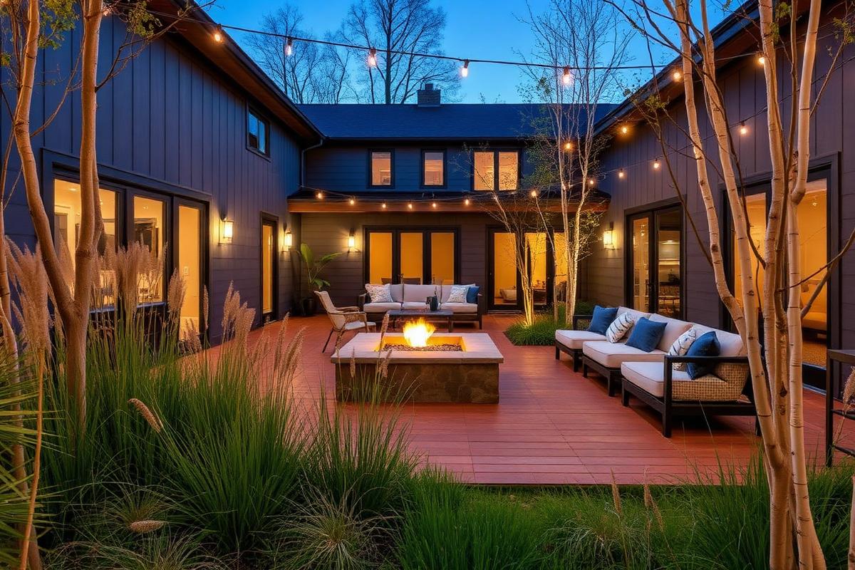 A modern backyard with a cedar deck, fire pit, lounge seating, ornamental grasses and birch trees lit by string lights at dusk.