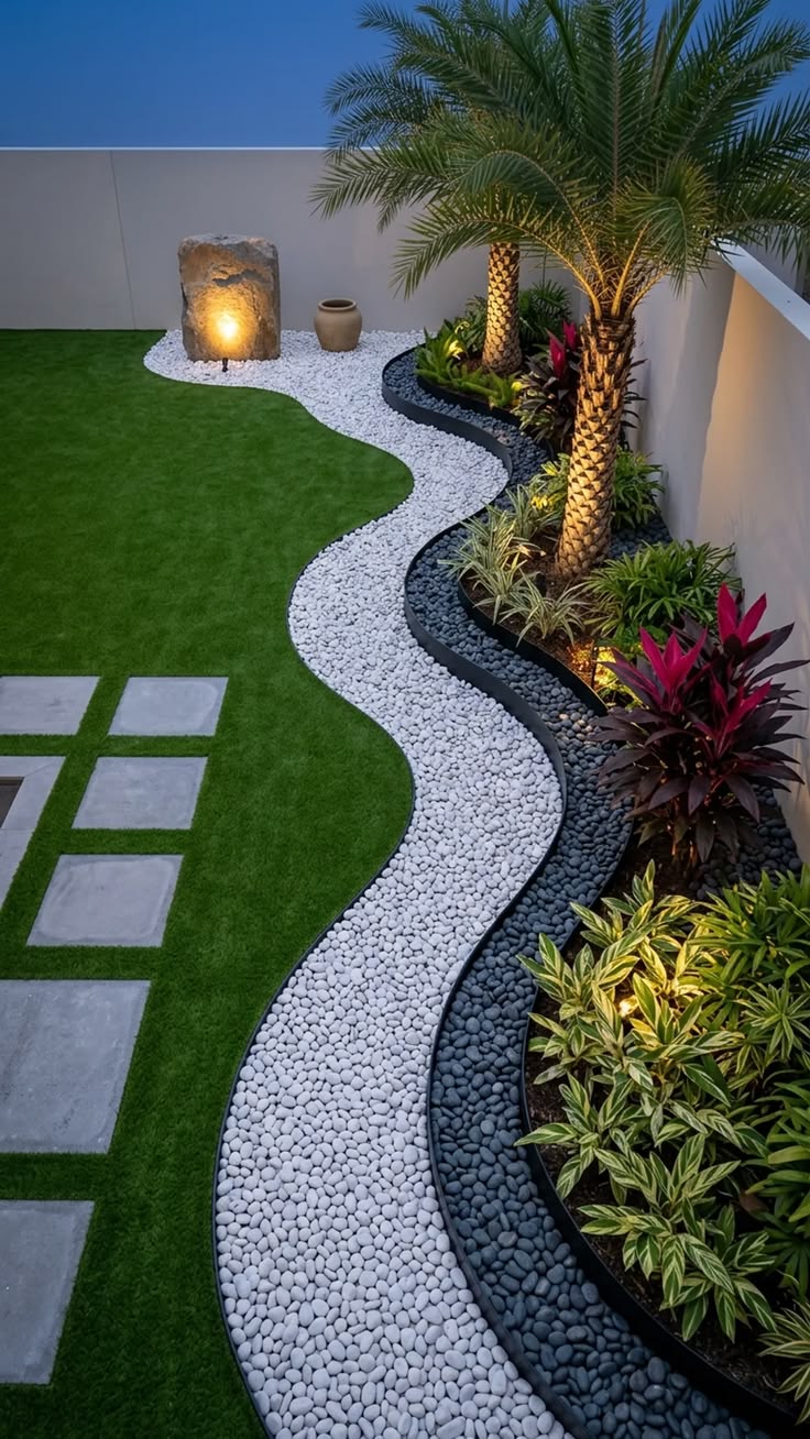 A modern night garden with a curving white pebble path, dark stones, palm trees and warm uplighting against a deep blue sky.