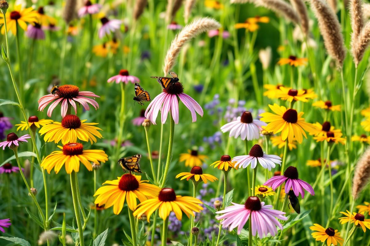 A wildflower pollinator garden in summer bloom with coneflowers, black-eyed susans, ornamental grasses and a butterfly.
