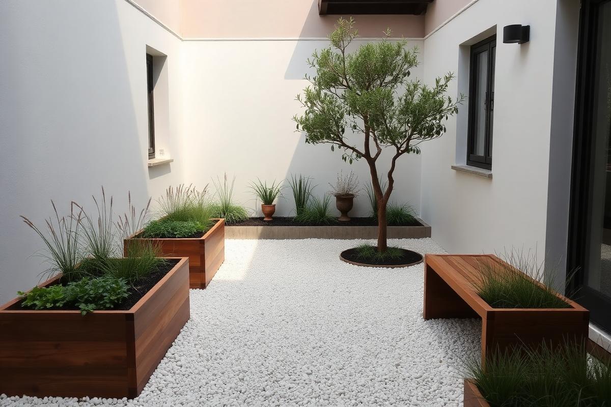 A small urban courtyard garden with raised wooden planters, ornamental grasses and a single olive tree on white gravel.